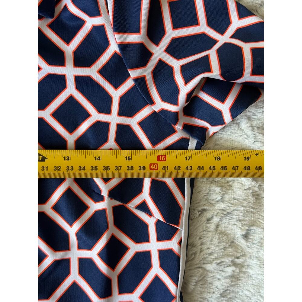 Gretchen Scott SHRIMP Shift Dress Navy Geometric Print 3/4 Sleeve Button Neck - Picture 6 of 6